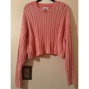 Aerie Oversized Cable Knit‎ Cropped Sweater Pink XL Cozy Long Sleeve Crew Neck